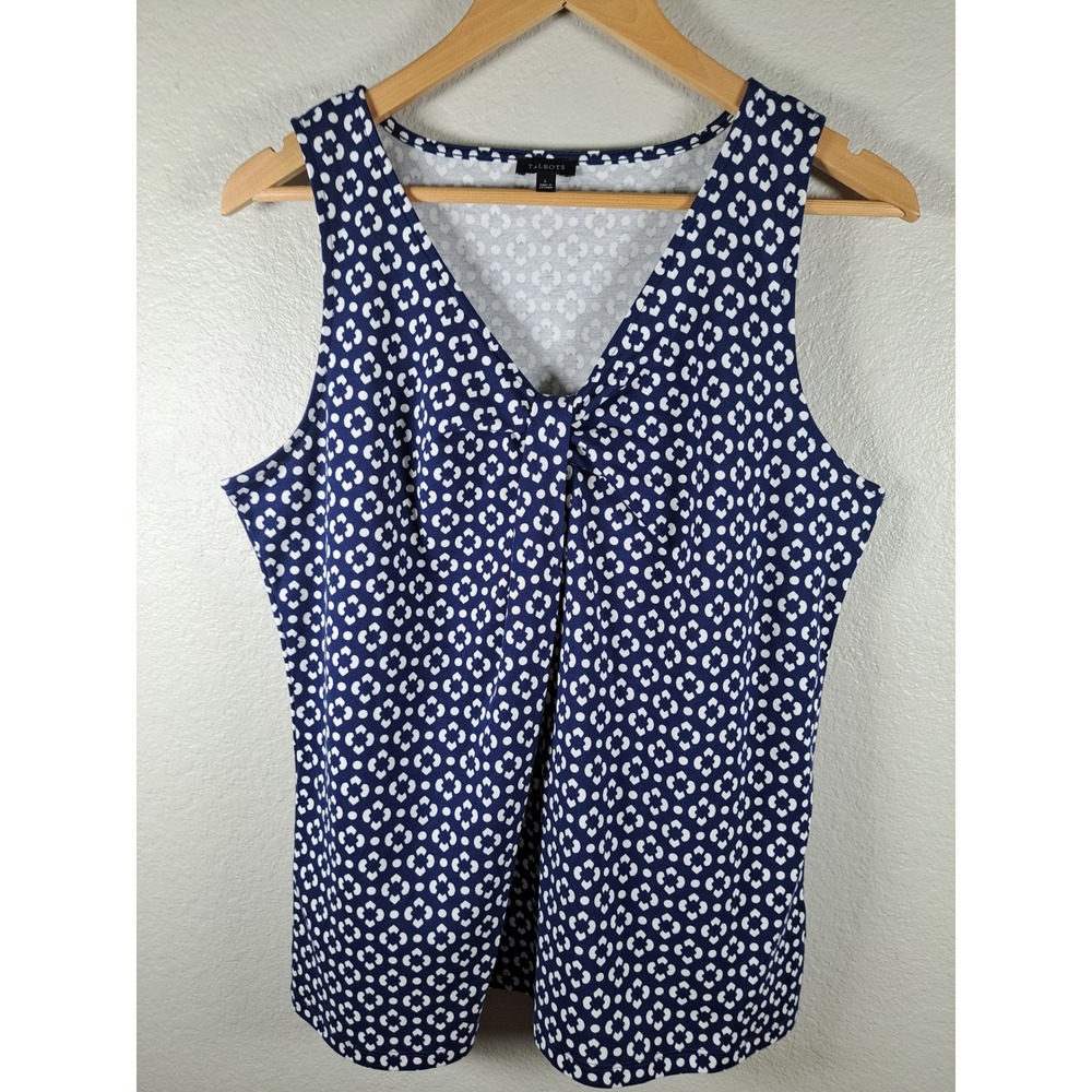 Talbots Navy Blue White Geometric Medallion Twist V-Neck Cotton Tank Top Large